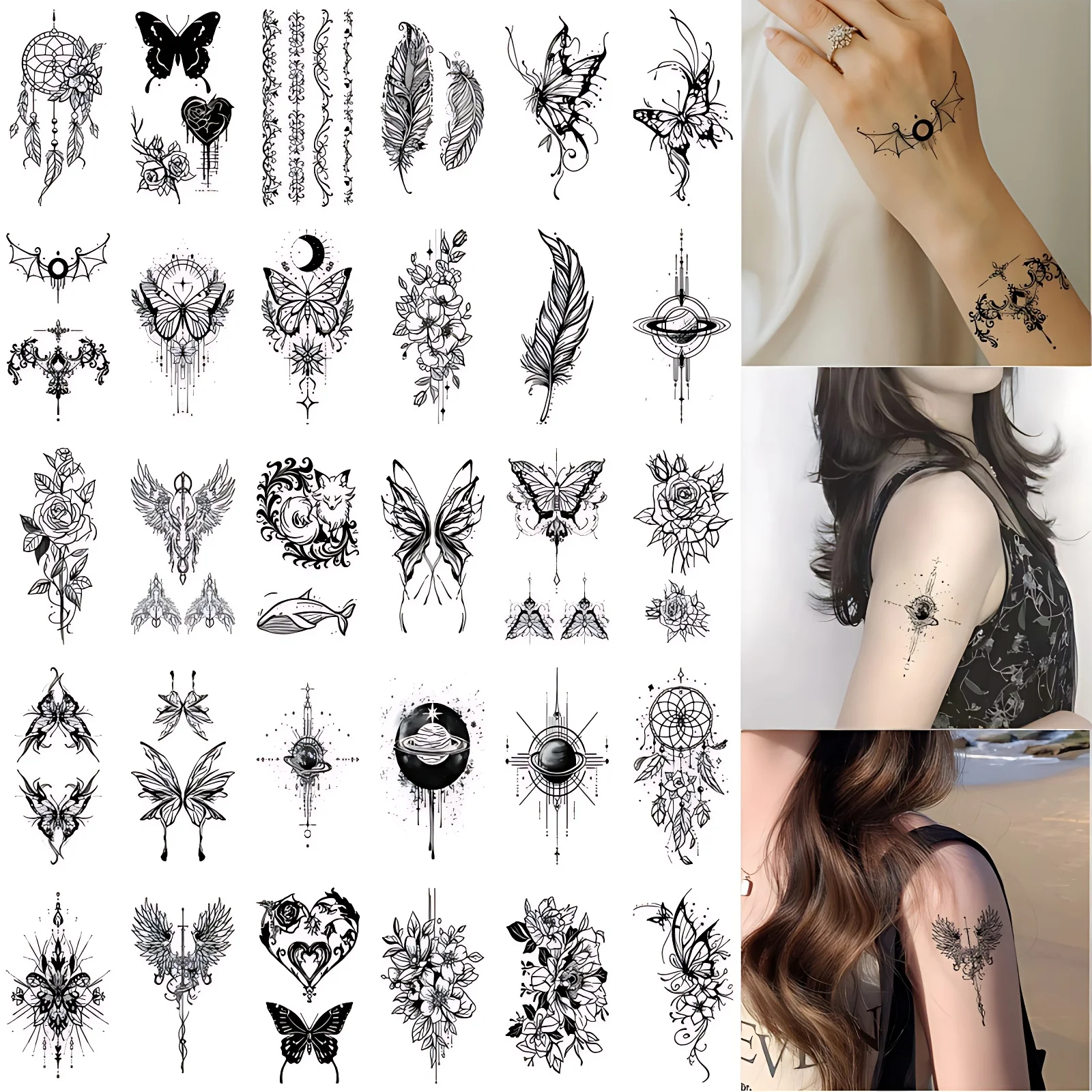 30pcs/set Travel Temporary Tattoo for Girls Women Thigh Shoulder Back Heart Butterfly Rose Flower Tattoos Sticker Party Favors