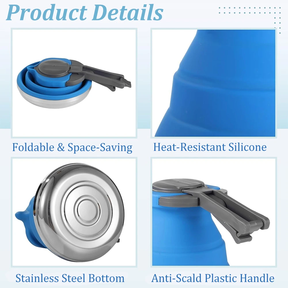 1500ml Collapsible Silicone Kettle Portable Camping Pot with Anti-Scald Handle Stainless Steel Base Foldable Travel Tea Kettle view 3