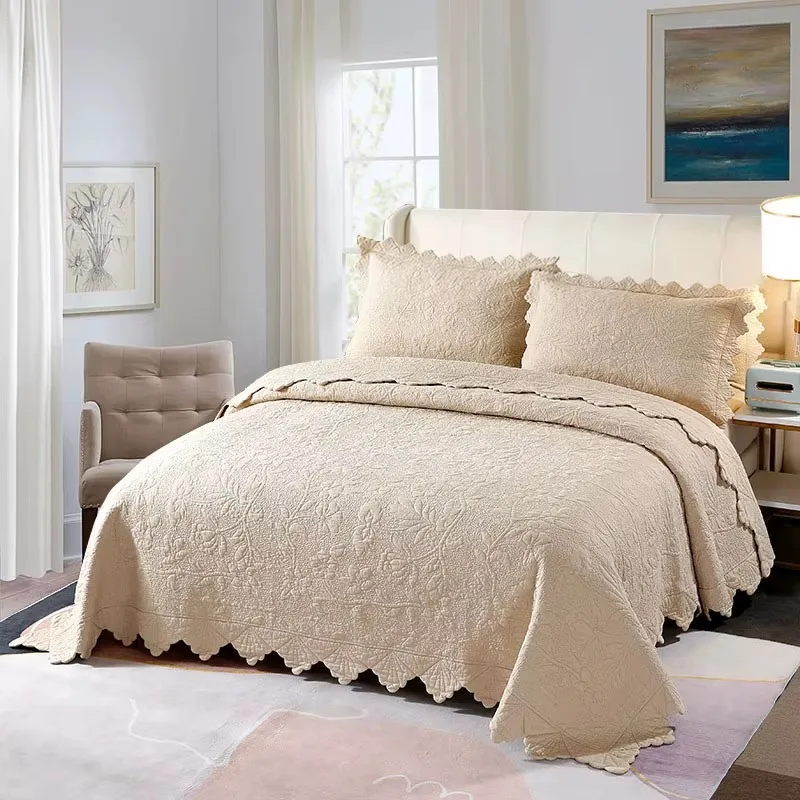 CHAUSUB Cotton Quilts Set 3PCS Queen King Size Farmhouse Matelasse Coverlet with Scalloped Edge Luxury Bedspread Quilt Bedding
