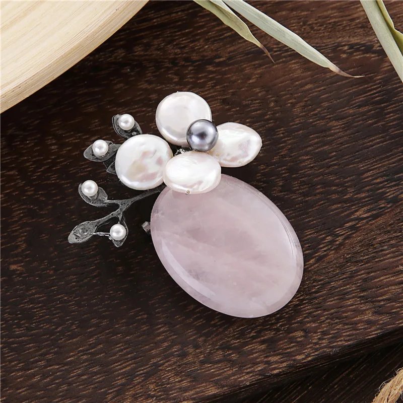 TDQUEEN Brooches Natural Stone Women Brooch Antique Silver Plated Safety Pin Jewelry Baroque Pearl Flower Brooch