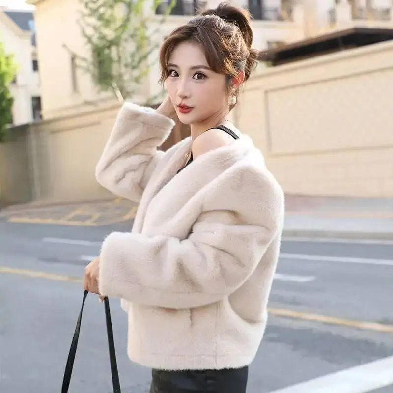 Mulheres casaco de pele do falso jaqueta high-end imitação de vison pelúcia pequeno curto versátil primavera outono inverno senhoras moda outerwear