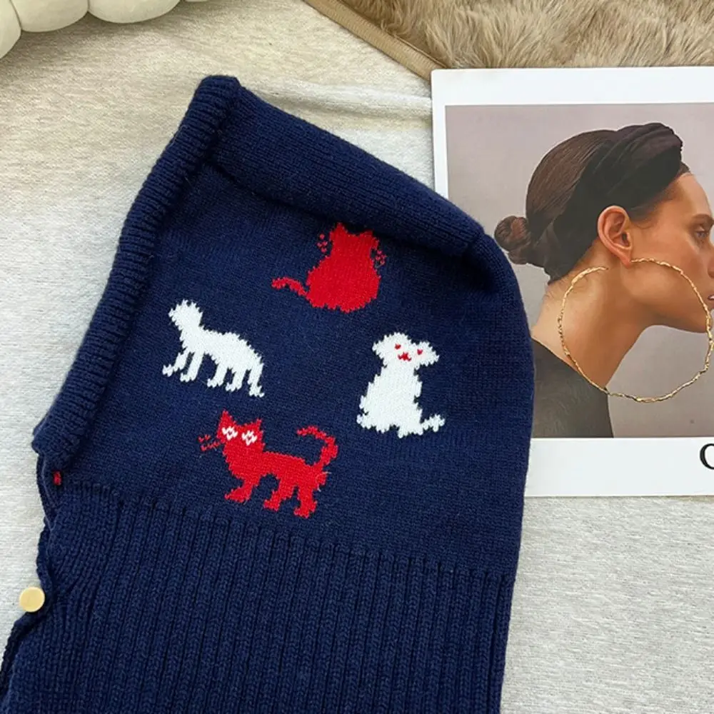 Pullover Mütze Jacquard Sturmhaube Mütze Rotes Kätzchen Gehörschutz Mütze Hornknopf Beanie Katzenmuster Strickmütze Winter/Herbst
