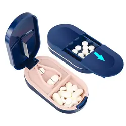 Portable Pill Splitter 2 in1 Pill Case with Stainless Steel Blade Dustproof Pill Cutter for Small Large Tablets Pill Organizer