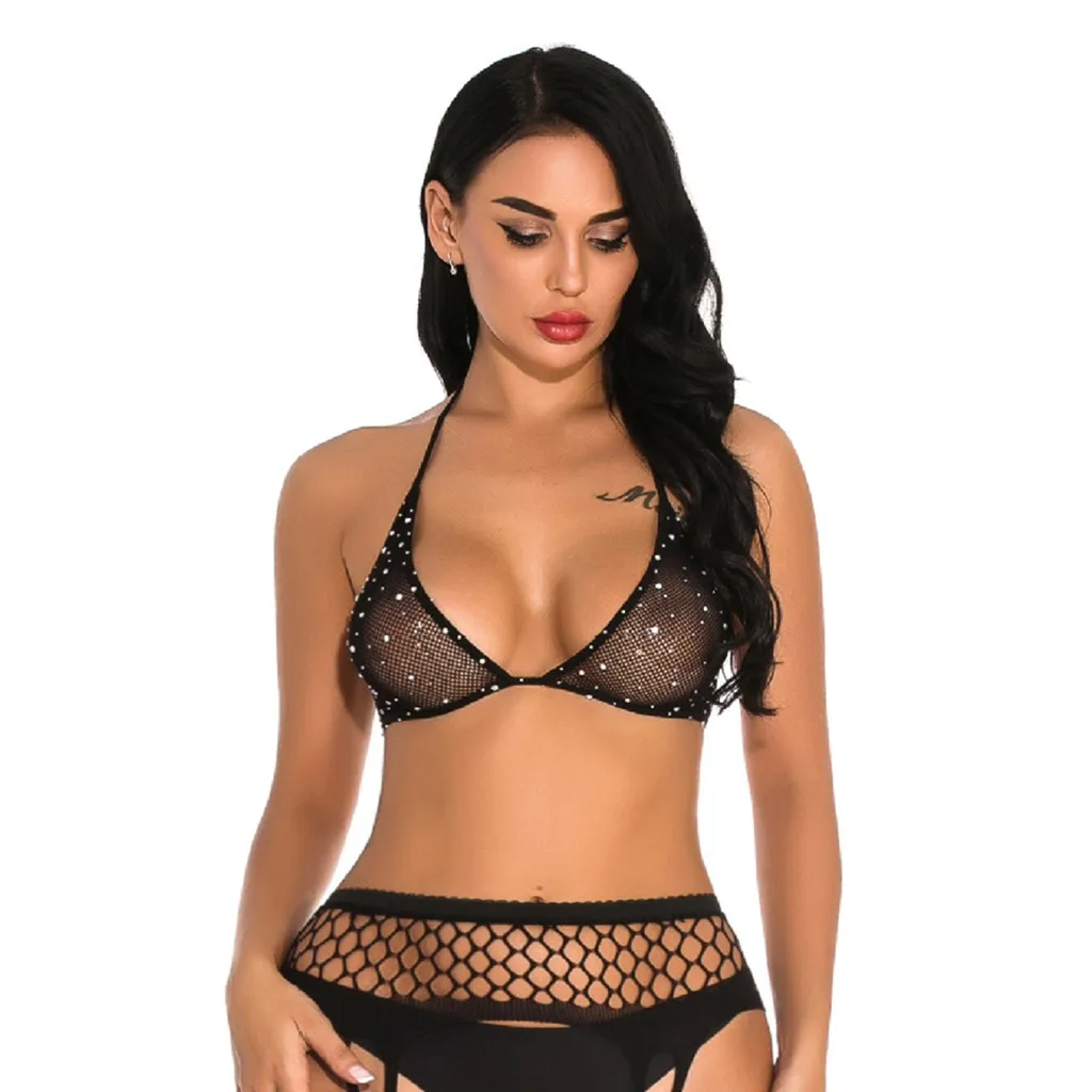 Women Fishnet Lingerie Hot Sexy Exotic Style Fishnet Flash Diamond Erotic Suit Sleepwear Underwear Bandage Bra Sleepwear