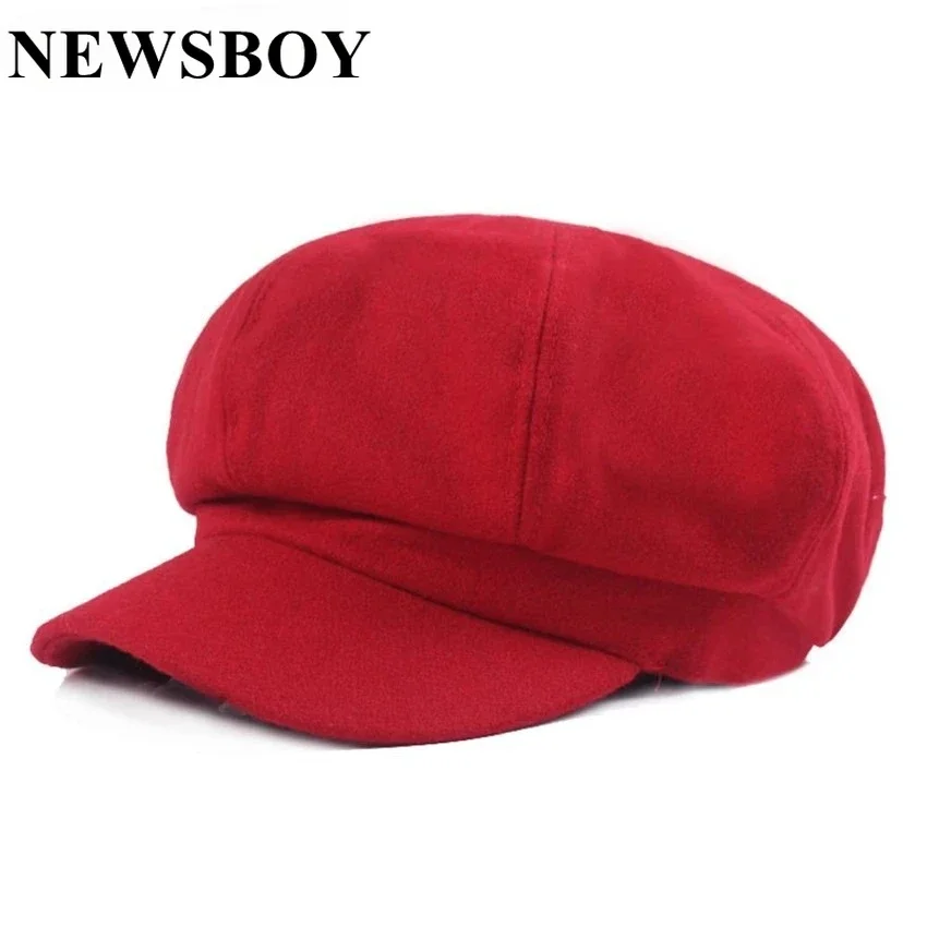 

NEWSBOY Red Women Beret Newsboy Cap Winter Autumn New Solid Octagonal Cap Vintage Casual Brand Eight Panel Baker Boy Hat Black