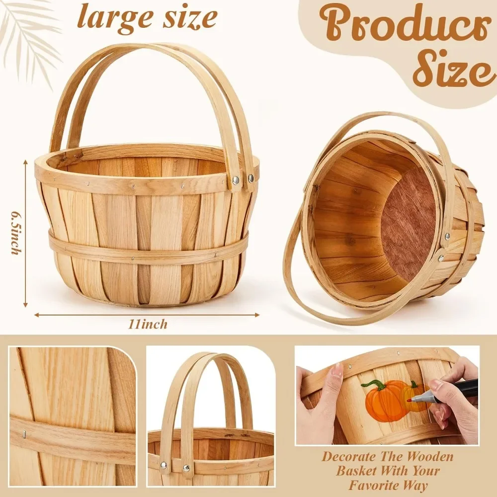 6 Pcs 11 x 6.5'' Large Round Wooden Basket Apple Baskets Fruit Bushel Baskets Farmers Fall Harvest Portable Garden Basket