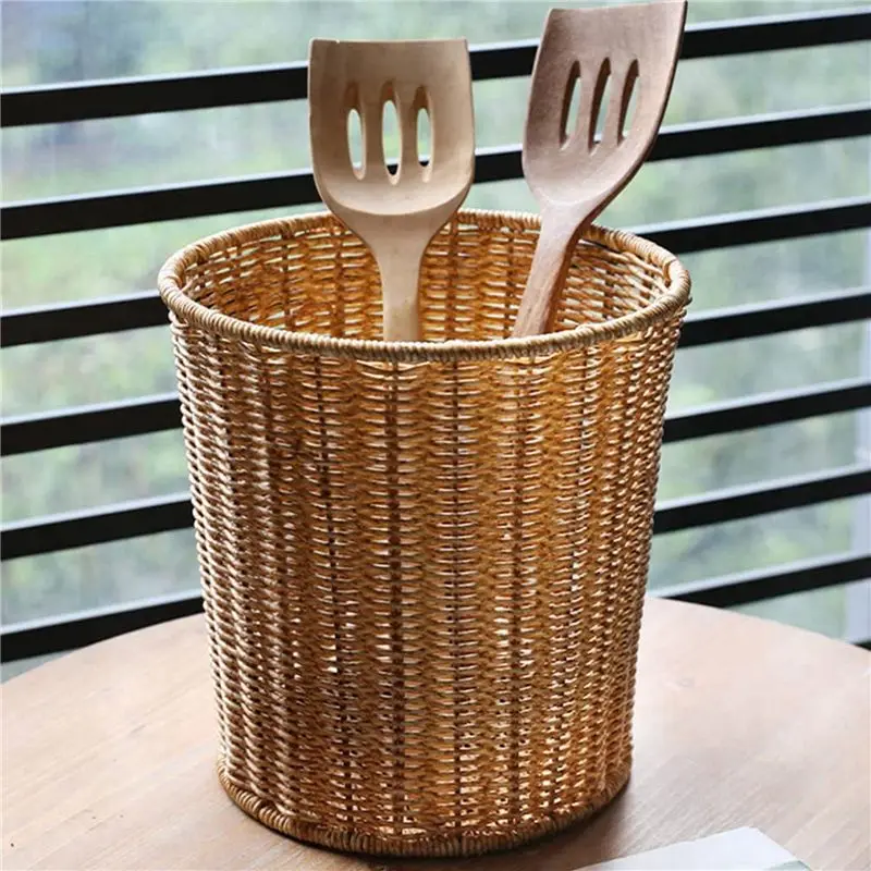 DT20 Woven Basket Trash Can Round Rattan Waste Basket with Lid Planter Wicker Wastebasket Garbage Bin 20x23.5x28cm