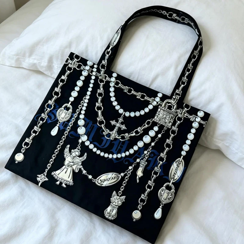 

Gothic Lock Clasp Chain Printed Pattern Canvas Shoulder Bag,Women Artistic Design Handbag,Trendy Lightweight Shopping Pouch