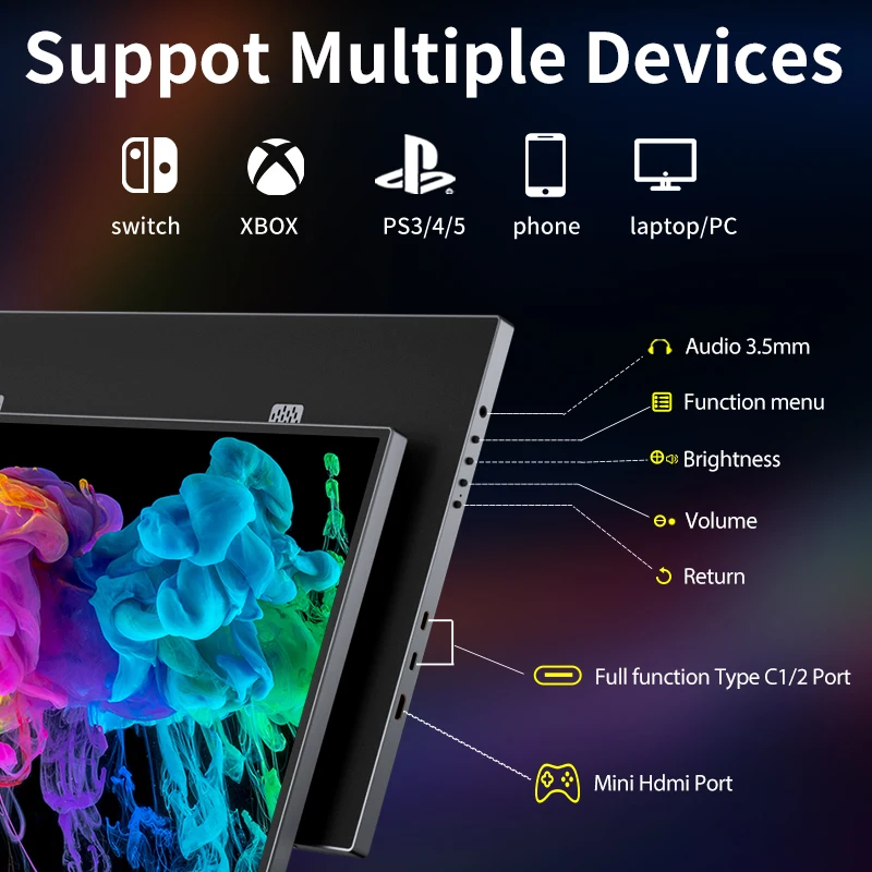 شاشة HGFRTEE مقاس 18.5 بوصة محمولة 100% SRGB 120HZ شاشات ألعاب خارجية مزدوجة النوع C للتبديل والهاتف المحمول Xbox PS4/5