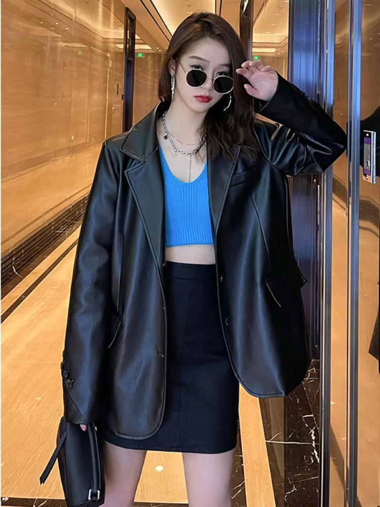 Black Button Leather Biker Jacket Women 2023 Winter Fashion Korean Loose Leather Suit Blazers Female Casual Streetwear Chic Coat