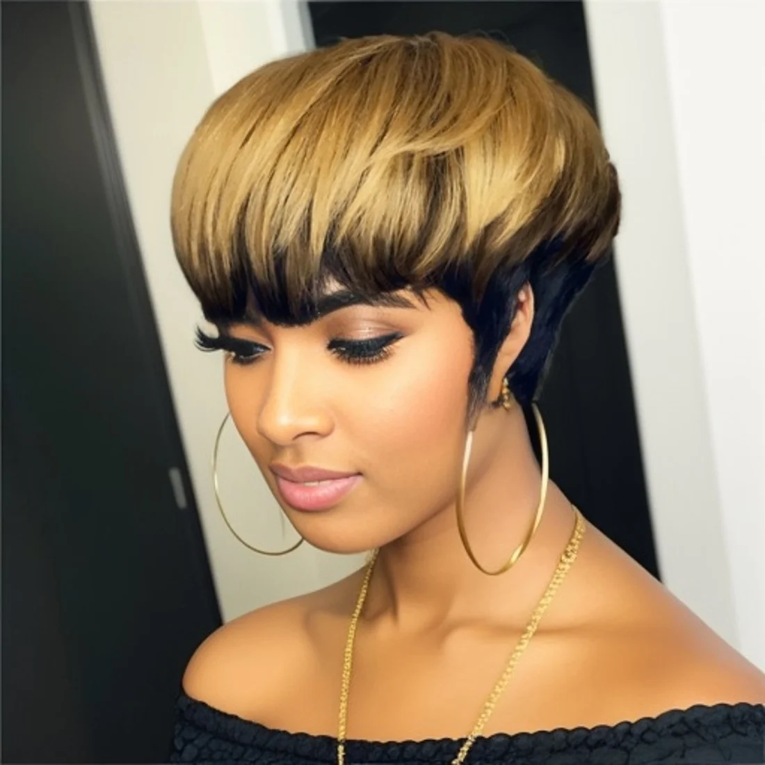 باروكات شعر بشري قصيرة بقص عابث للنساء شعر مستعار أشقر متدرج مستقيم 1B/27 لون مع غرة مصنوعة آليًا بالكامل #5