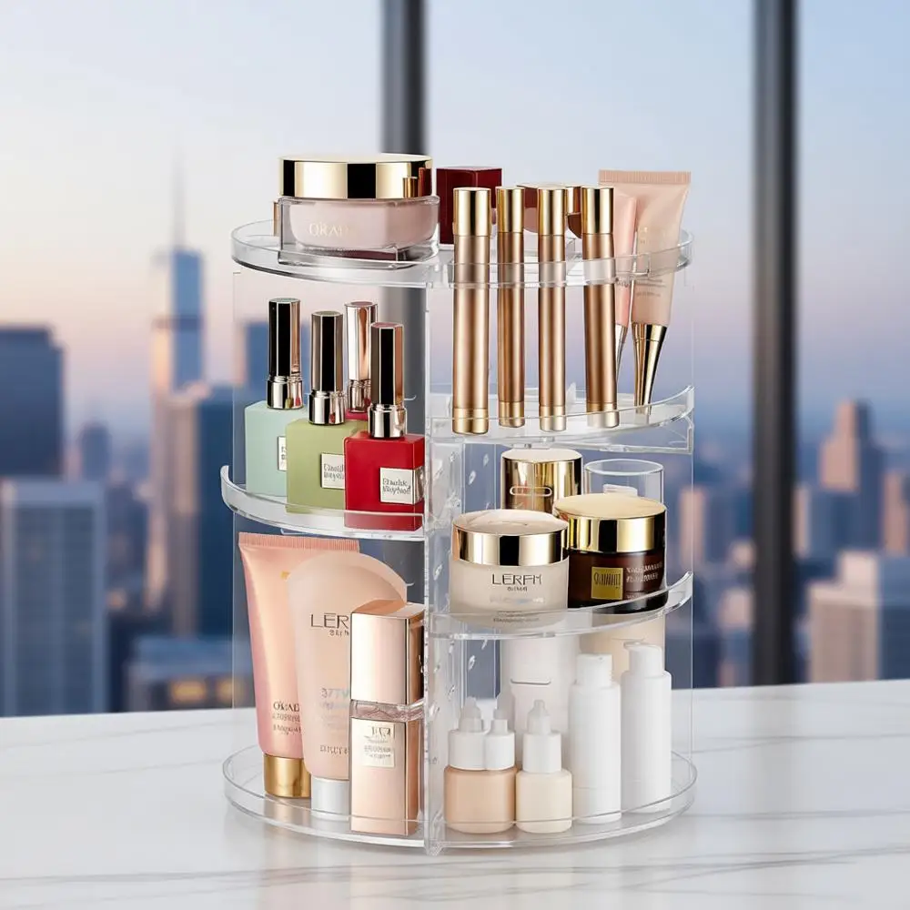 

Круглый вращающийся органайзер для макияжа с регулируемой высотой — прозрачный, идеально подходит для хранения комода в спальне или туалетной столике