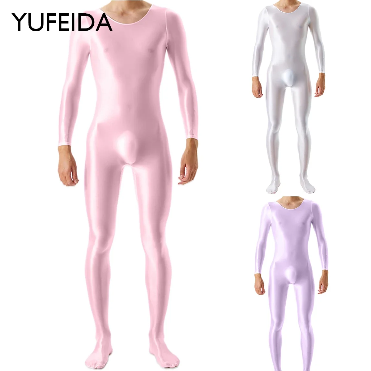 

YUFEIDA New Glossy Sexy Men Long Sleeve Jumpsuits One-piece Swimsuit Oil Shiny Tights Sport Bodysuit Men Fitness Tight Sportwear