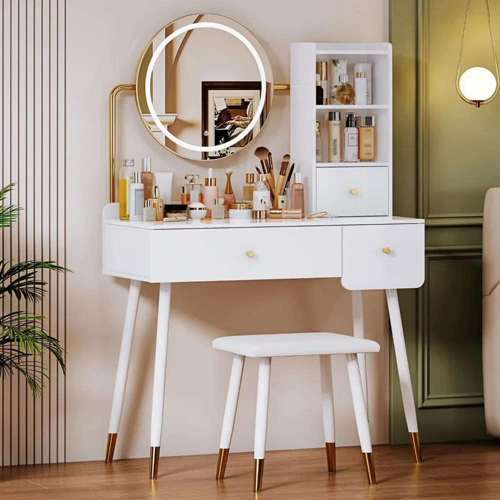 Vanity Desk with Round Mirror and Lights, Vanity Makeup Table with chair, 3 Lighting Modes Gift for Girls and Women White Vanity