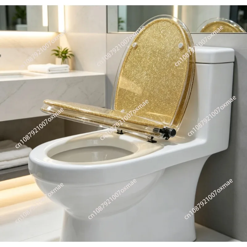 New Premium Shiny Gold Resin Toilet Seat with Soft Close Stainless Steel Hinges, Universal Fit for U/V/O Shape Toilets