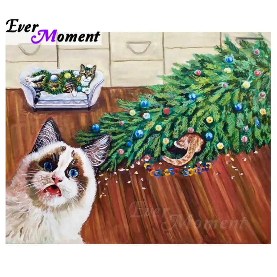 Ever Moment Diamond Painting Christmas Naughty Cat 5D Diamond Mosaic Embroidery Full Square Resin New Year Art DIY Gift ASF2404