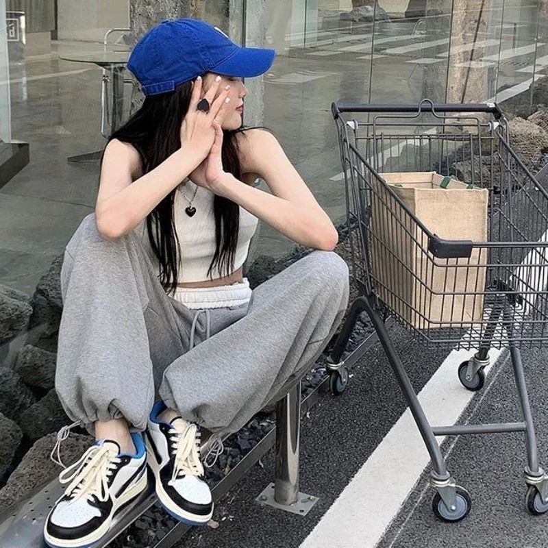 グレーの巾着スウェットパンツ,カジュアル,ハイウエスト,ルーズフィット,パッチワーク,ストリートウェア,ヒップホップ,トレンディ,春,夏