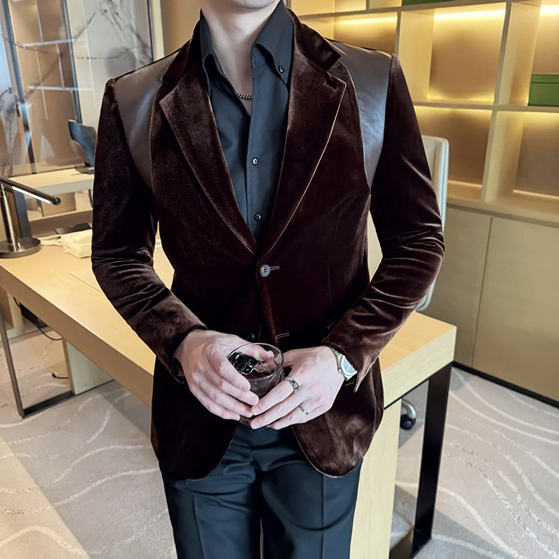 British Style Velvet Suit Jacket for Men Fashion PU Splicing Casual Business Blazers Banquet Party Wedding Dress Jacket 2025