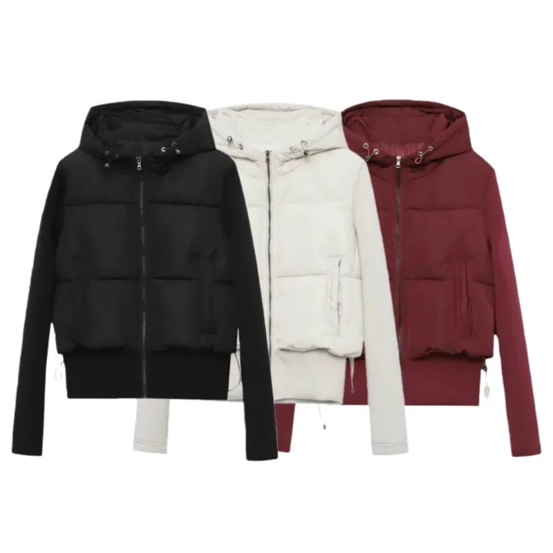 

New Women's Casual Fashion Slim Stretch Fabric Splicing Cotton Coat Warm Hooded Slim Fit Versatile Hooded Cotton Jacket