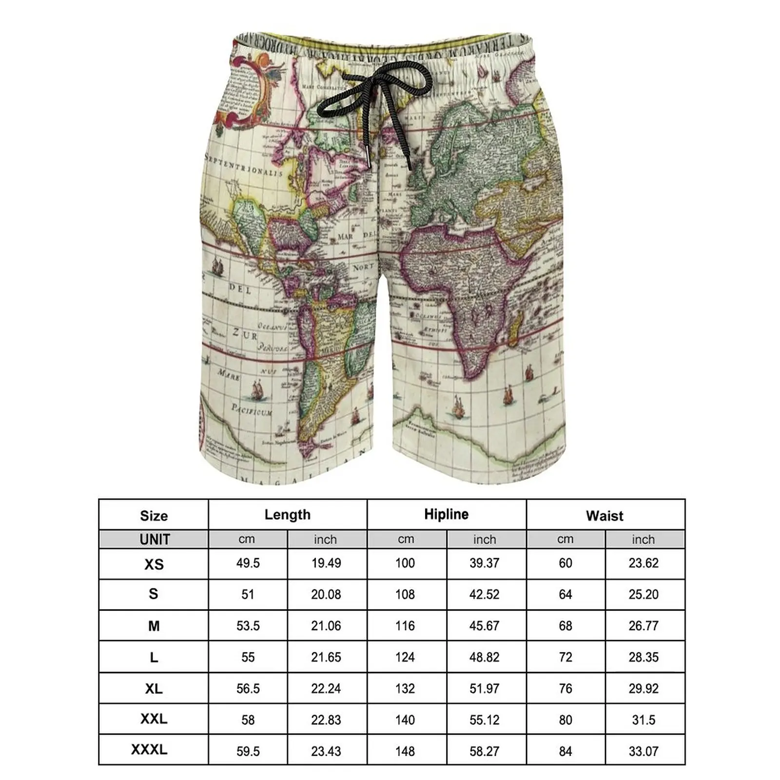 Summer Board Shorts Earth Map Sports Surf Vintage 1652 World Map Design Beach Shorts Casual Quick Dry Swimming Trunks Large Size