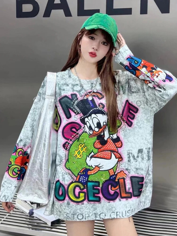 Heavy Industry Cartoon Printed Long Sleeve Sweater Loose Women\'s Clothing 2024 Autumn and Winter New Crew Neck Pullover Tops