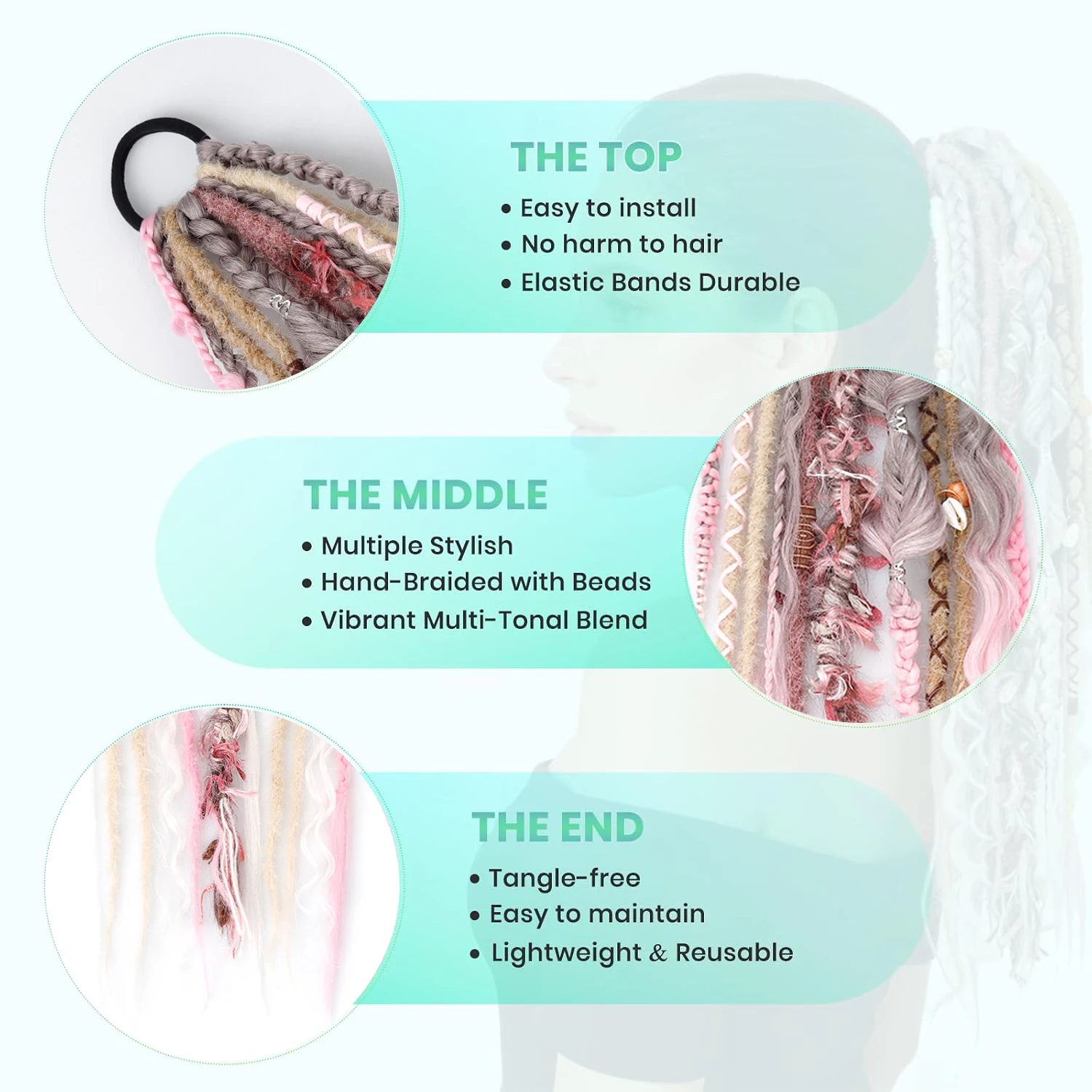 Boho Dreadlock Hair Extension Synthetic Braided Ponytails 22In Elastic Hand-Braided Viking Braid Hairpiece Salty Soul with Beads