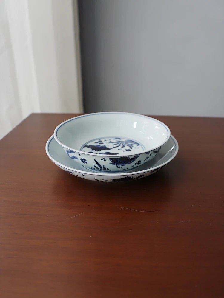 Jingdezhen High Temperature Ceramic Blue And White Porcelain Dining Set Fish Algae Pattern Deep Dish for Home And Hotel Banquets