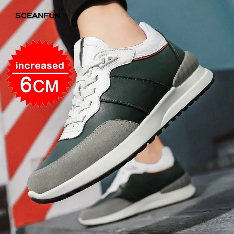 Men running lift sneakers elevator shoes casual breathable leather shoes height increase insole 6cm sports skateboard shoes