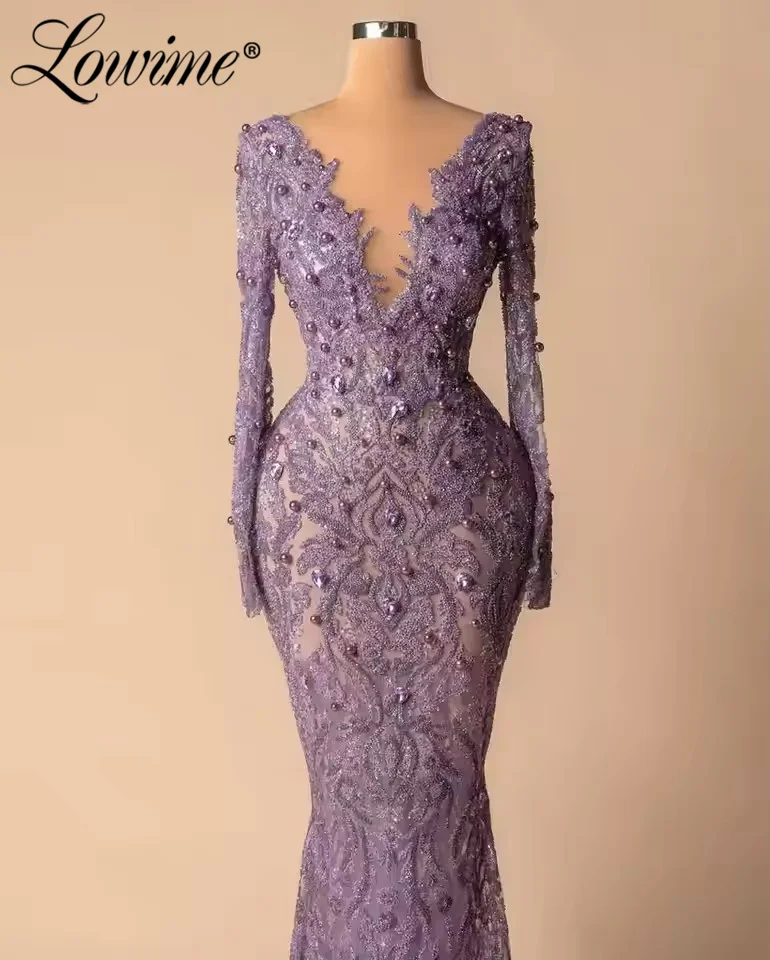 Elegancka fioletowa suknia wieczorowa dla kobiet, długie rękawy, suknie na przyjęcia, szyte na miarę, zdobione kryształkami, syrenie suknie balowe, prześwitujący dekolt, 2026