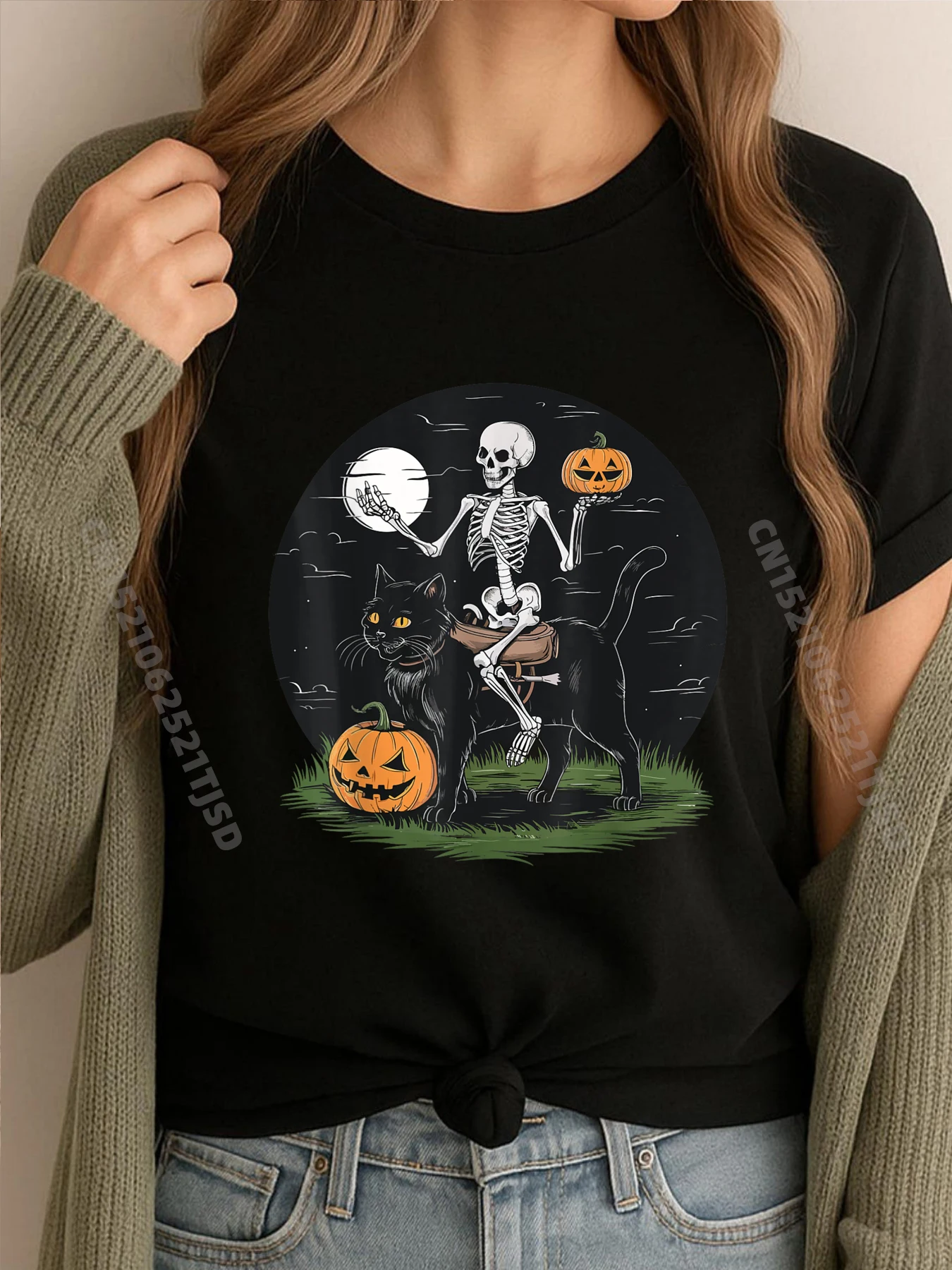 

Скелет верхом на кошке Хэллоуин Забавная уличная одежда с тыквой Мужские рубашки Топы Футболка