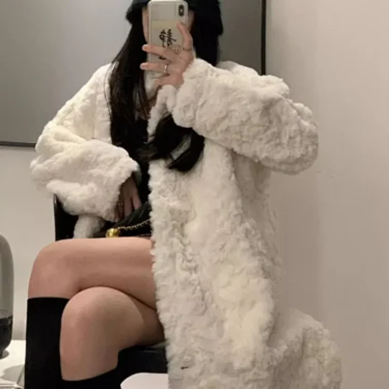 Womens Long Lamb Fur Coat Over Knee Faux Rabbit Fur Thick Loose Stand Collar Warm Winter Outerwear