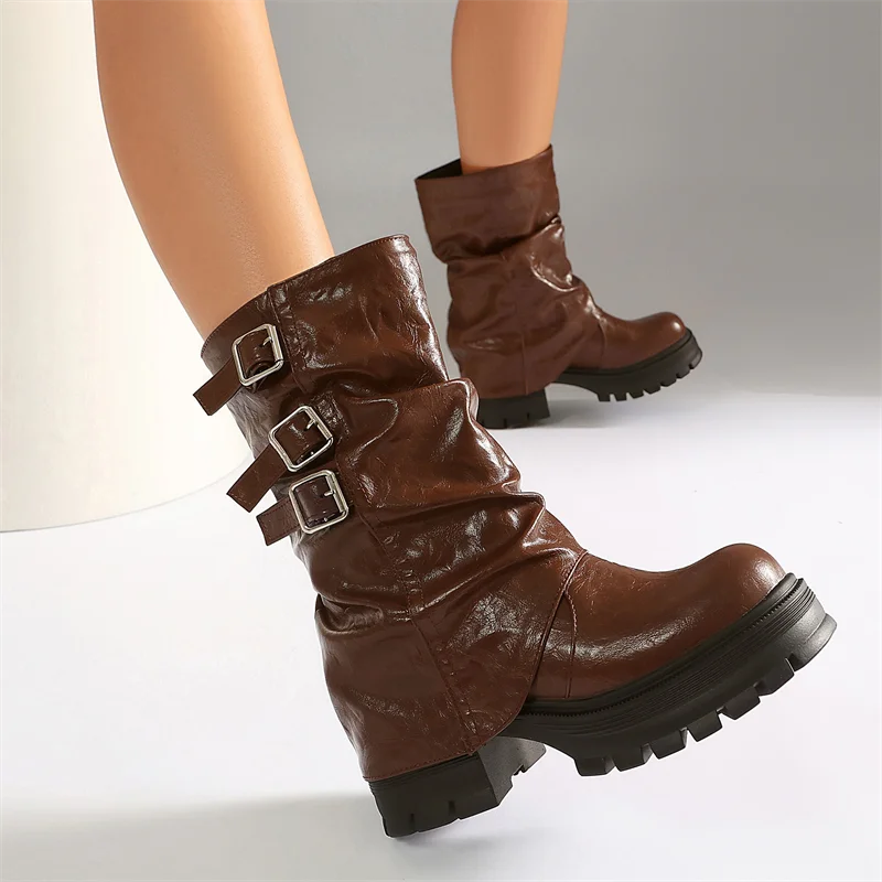 Brown Women Mid Calf Boots Round Toe 6cm Block Heel 3cm Platform Belt Buckles Pleated Plus Size 41 42 43 Retro Botas