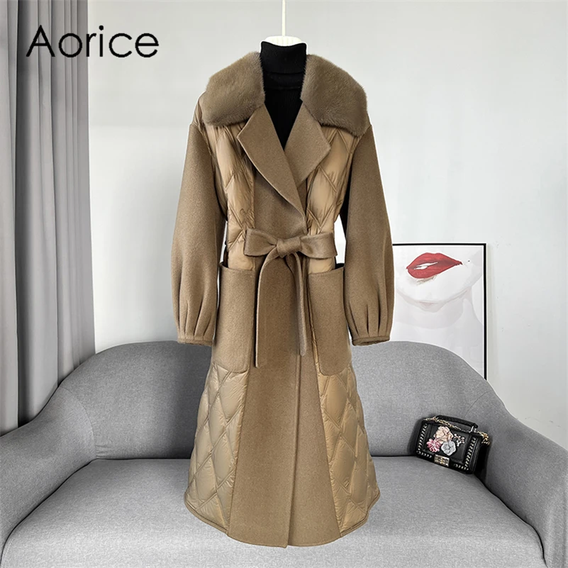 

Aorice Women Luxury Winter Wool Jacket Down Coat Femal Mink Fur Collar Coats Lady Long Over Size Parka Trench CT2154