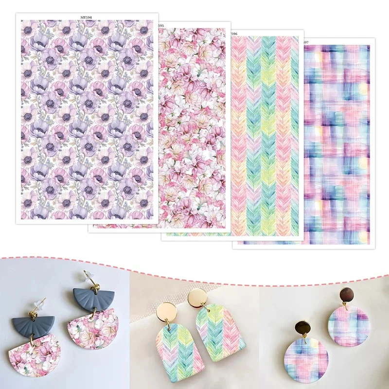 Polymer Clay Transfer Paper Colored Flower Blossom Abstract Pattern Doodle Background Decal for DIY Jewelry Earring Pendant