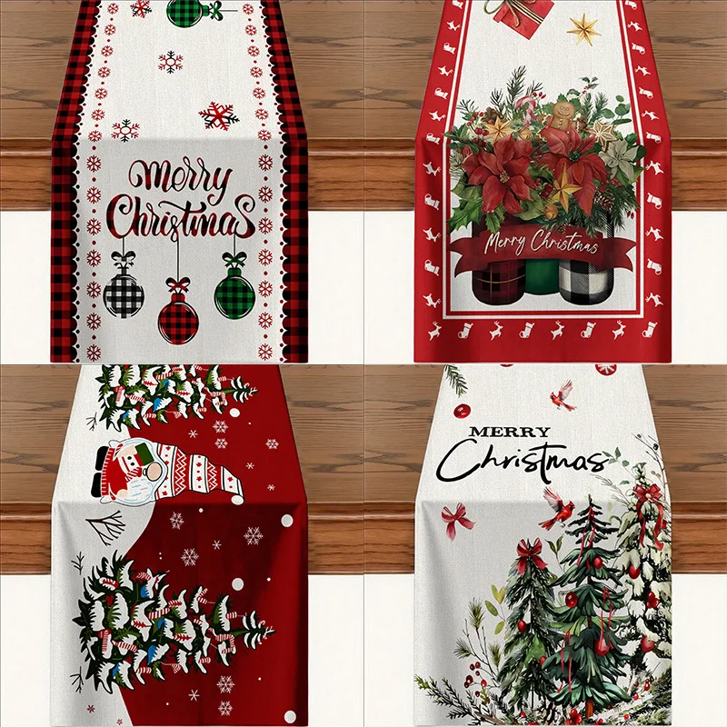 2pcs Merry Christmas Buffalo Plaid Table Runner Heat Resistant Non Slip Xmas Tree Gnome Poinsettia Holiday Dining Decor