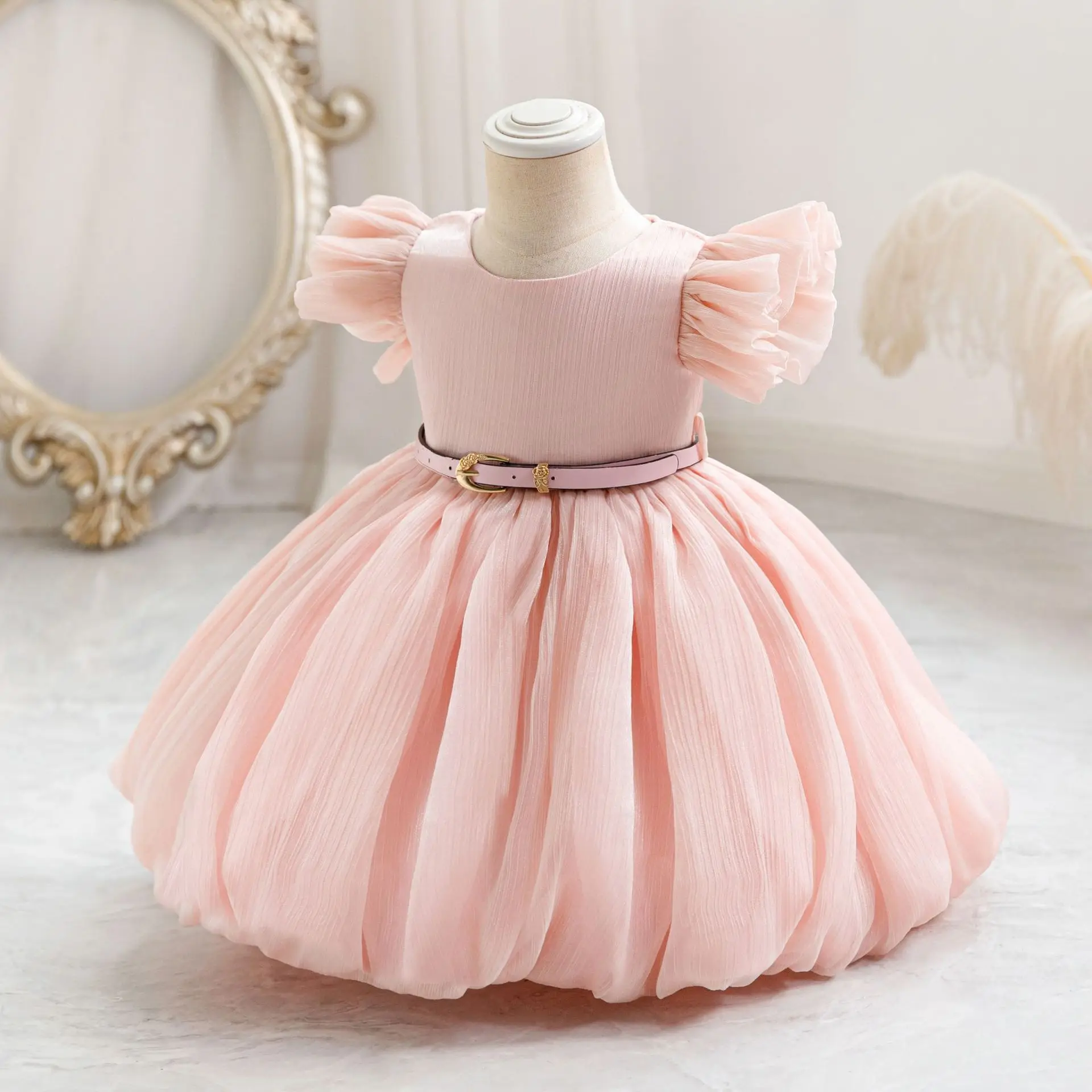 HETISO Leather Sashes Dress for Girls 1 Year First Birthday Kids Elegant Dresses Tulle Baby Party Gown 2 4Y