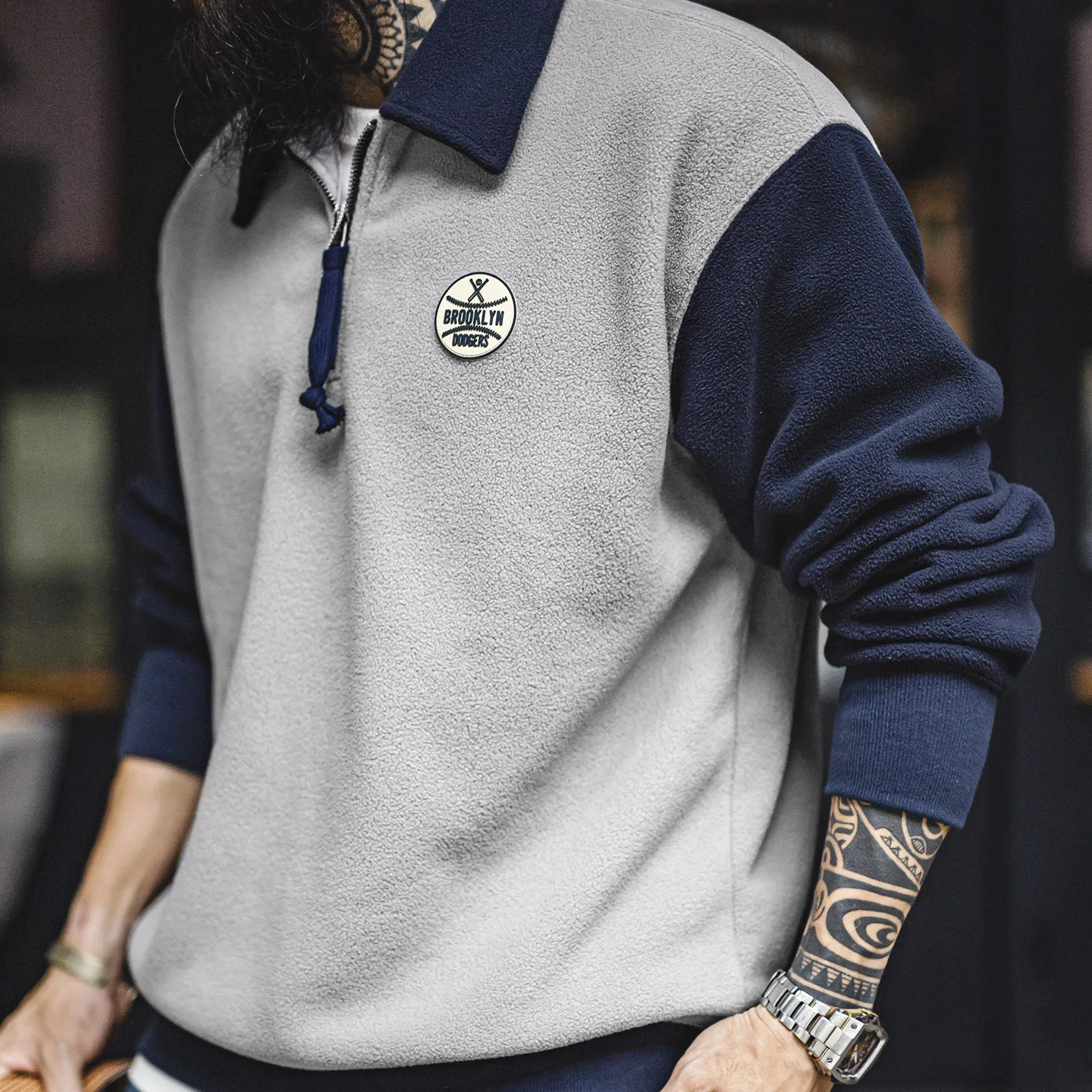 Maden Men's Polar Fleece Half Zip Sweatshirt Preppy Style Polo Collar with Color Block Thermal Pullover for Fall Winter Layering
