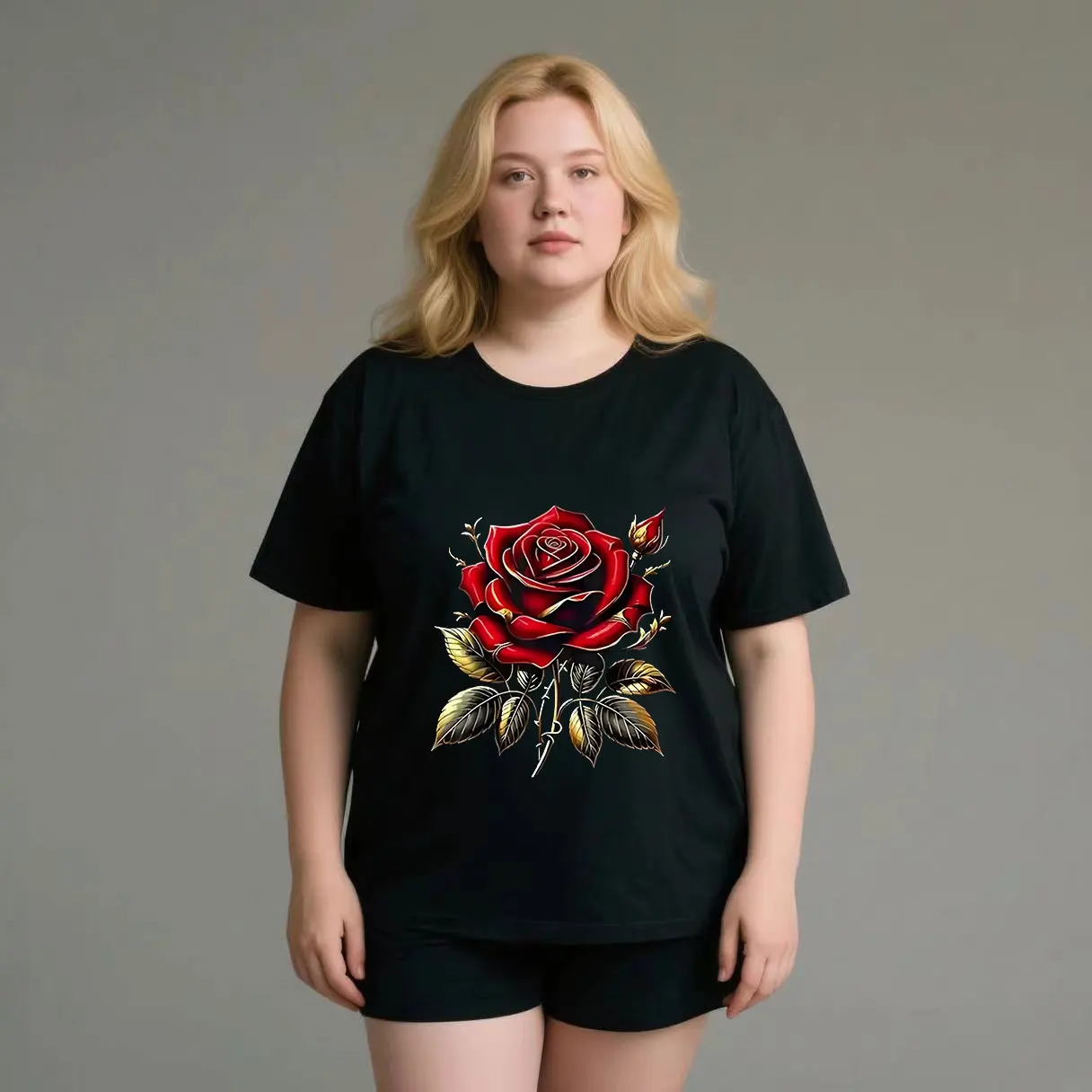 

Dark toned rose print, mysterious and elegant plus size Ladies' casual short sleeved T-shirt black