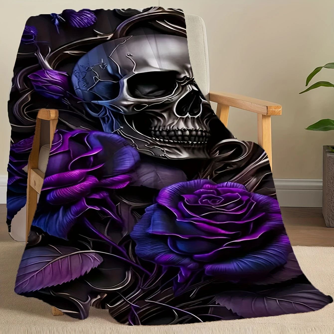 VIKAMA Gothic Skull Purple Rose Flannel Blanket Dark Tattoo Print Sofa Cover Halloween Goth Home Decor Gift - view 4