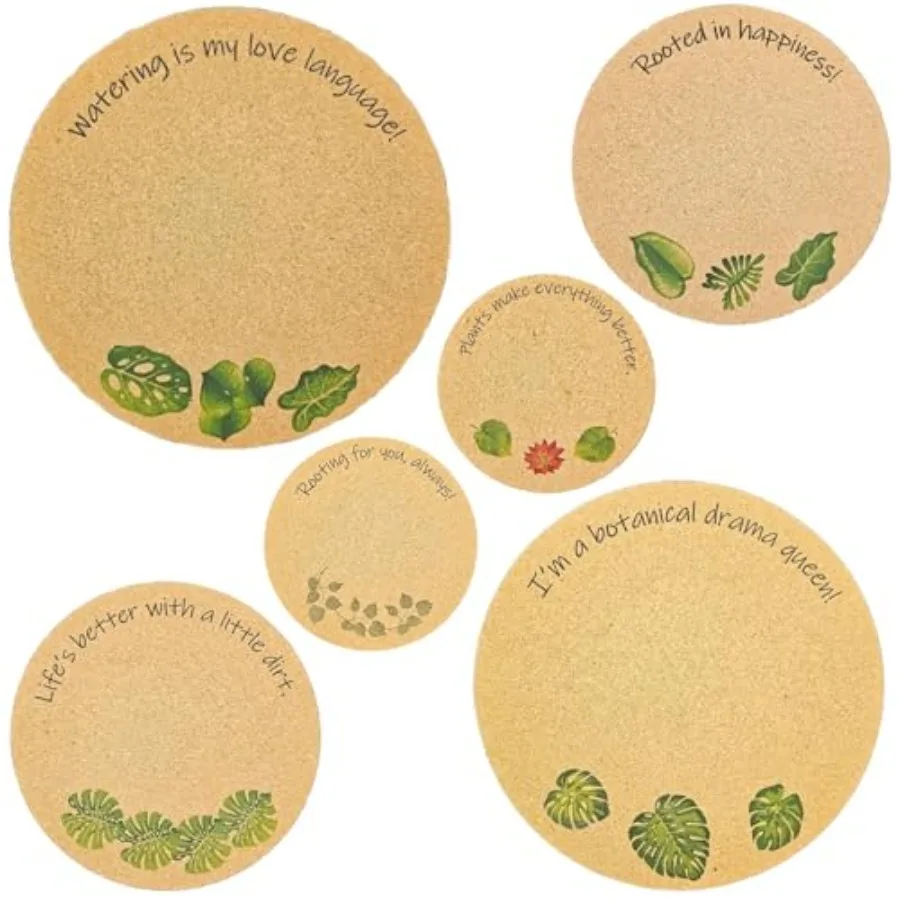 

Plant Coaster Set of 6 Cork Plastic Coasters for Houseplants 8 6 4 Sizes UV Printed with Cute Plant Sayings Protects Surfaces f