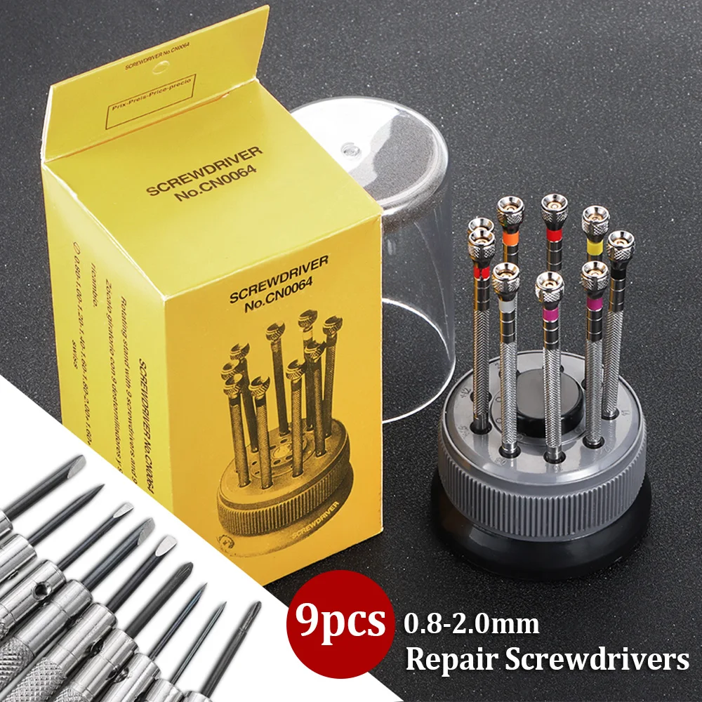 9pcs Precision Screwdriver High Hardness Stainless Steel Watch Repair Kit for Watches Glasses Flat Blade Assort Slotted Tools