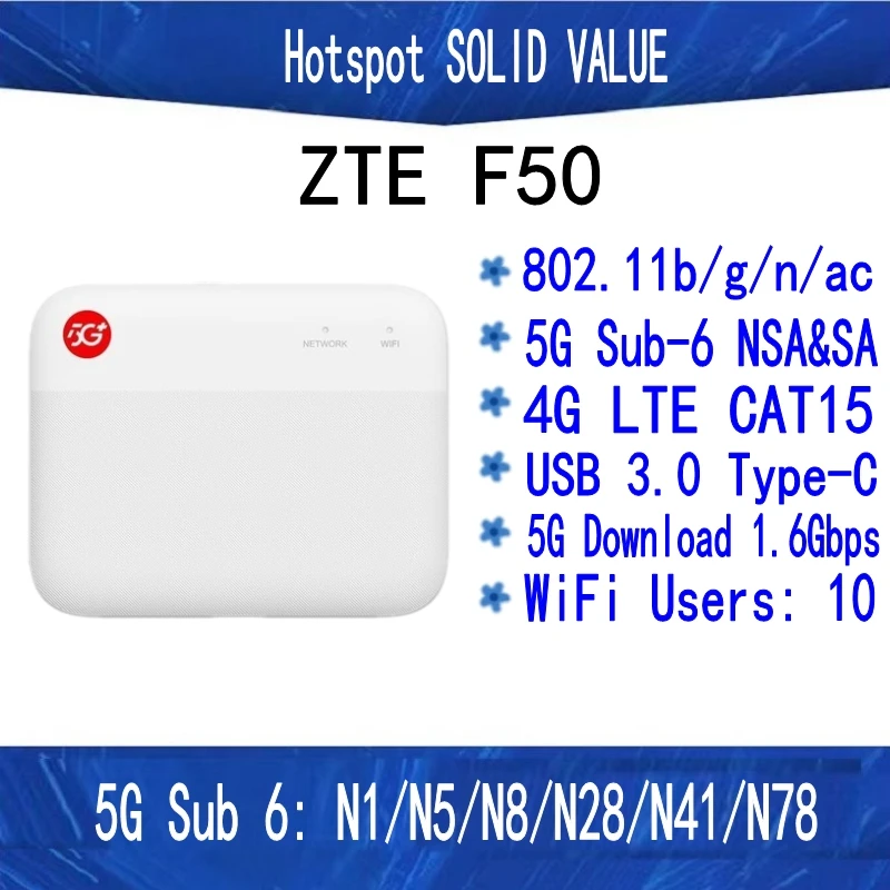 2024 오리지널 ZTE UFi F50 5G 포켓 MiFi 5G Sub-6 SA/NSA N1/5/8/28/41/78 4G Cat15 2.4G/5G/5G Wifi (배터리 없음) 신제품