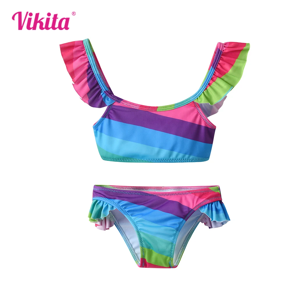 VIKITA 2023  Girls Swimsuit Two Pieces Pink Rainbow Colorful Girl Swimwear For Children Summer Bikini Sets Falbala 4-10 Years