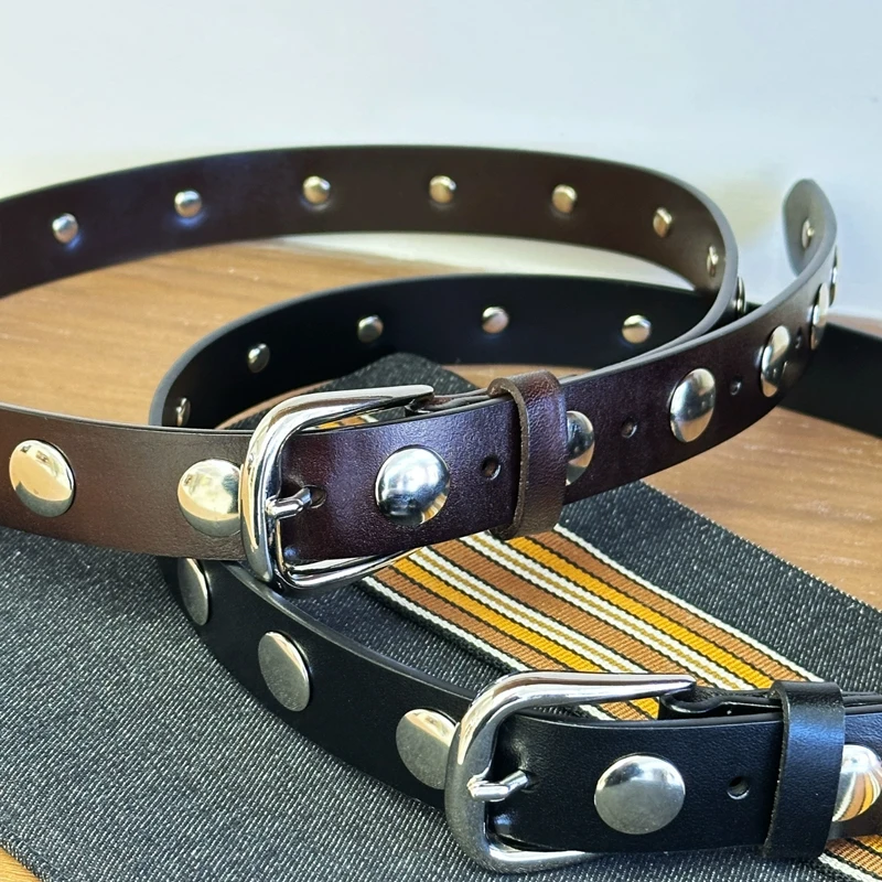 Women's Y2K Punk Style Belt, 2.3cm Wide Black Rivet Waist Belt, American Retro Fashion for Jeans and Cargo Pants