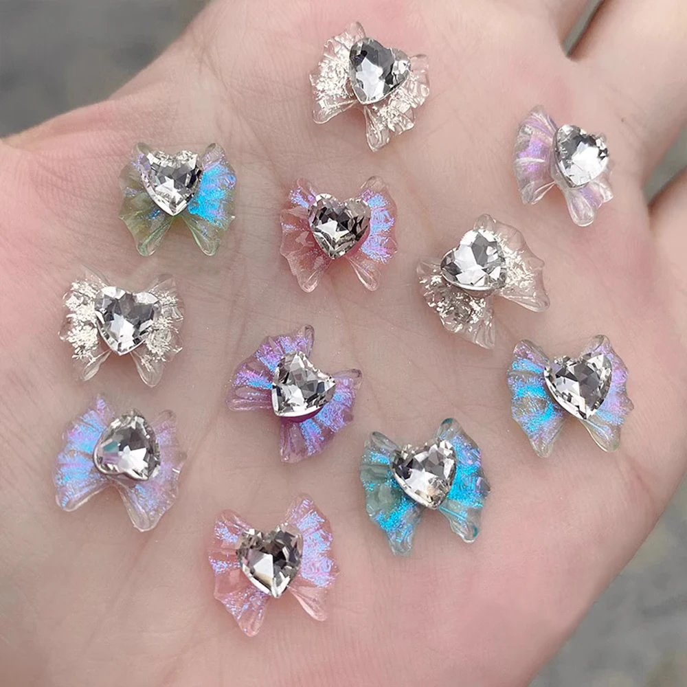 10 قطع أورورا بريق لطيف Bowknot مسمار الفن سحر شفافة لامعة غرامة لامع الحلو القوس مسمار الراين على شكل قلب الماس #2