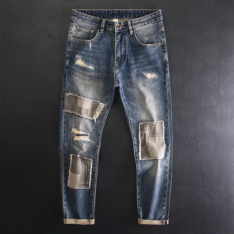 

High-End Retro Distressed Patchwork Jeans for Men Slim Fit Stretch Ripped Patch Stylish Trendy Long Pants