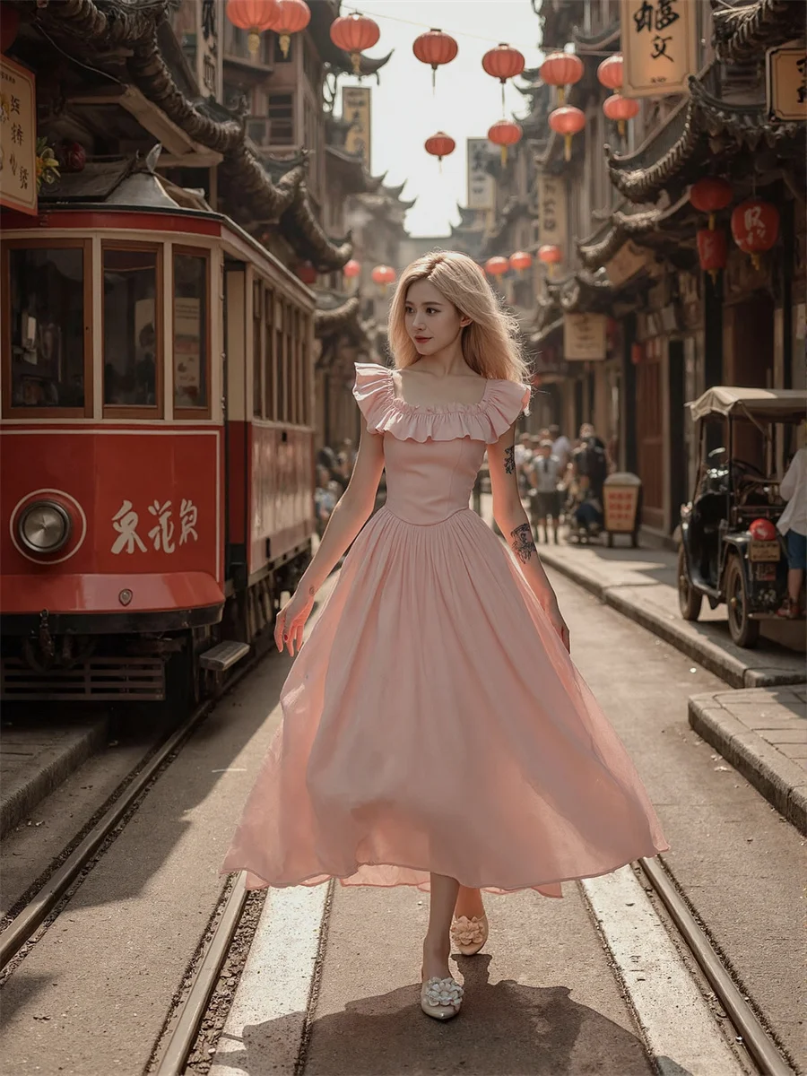 فساتين نسائية وردية على طراز Fairycore بأكمام طائرة Cottagecore جماليات جمالية أدبية بوهو بوهيمية عتيقة كلاسيكية كلاسيكية