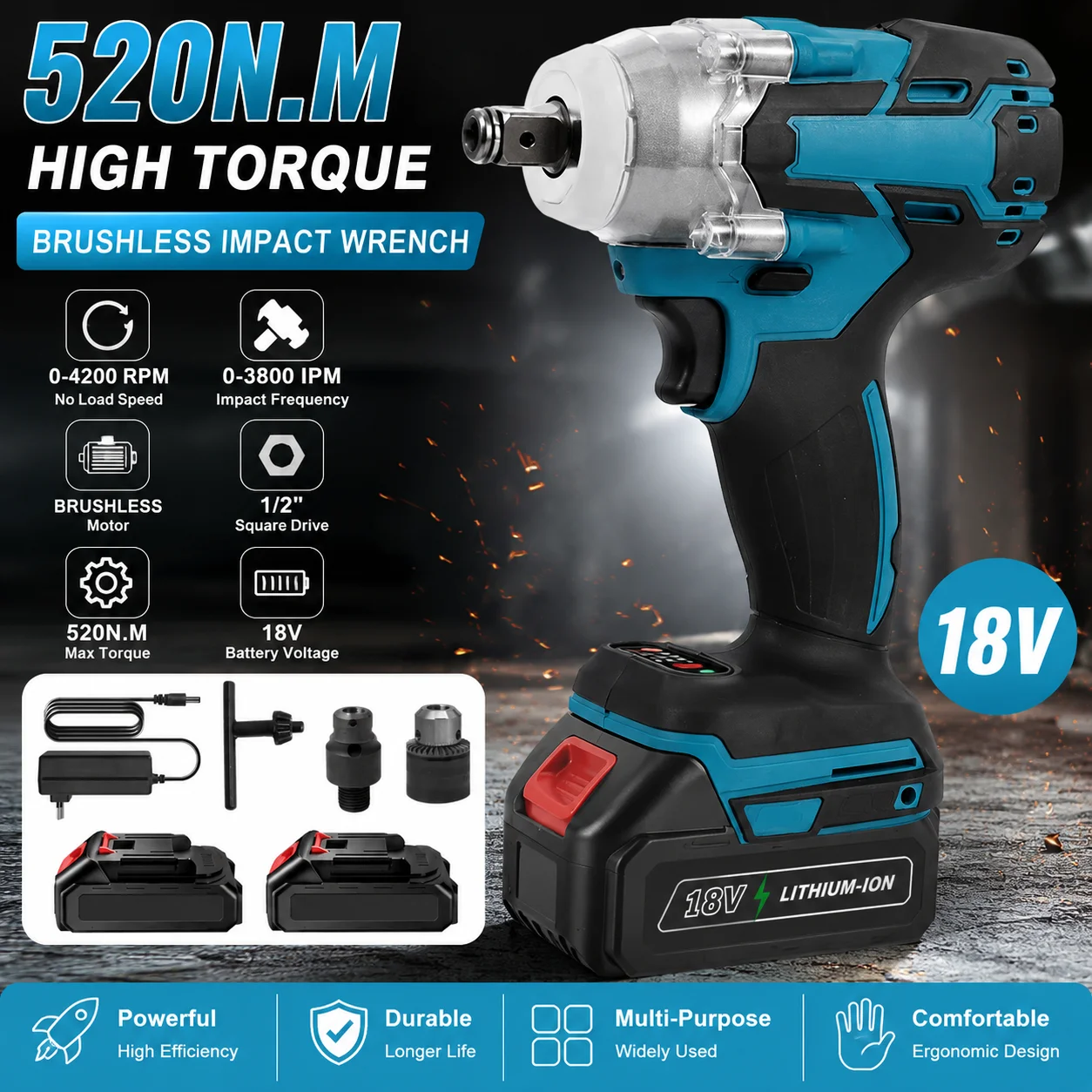 Avvitatore a impulsi senza fili da 520 Nm, motore brushless, 1/2 pollice, utensile elettrico a impulsi, compatibile con avvitatore a impulsi senza fili da 520 Nm, motore brushless, 1/2 pollice,