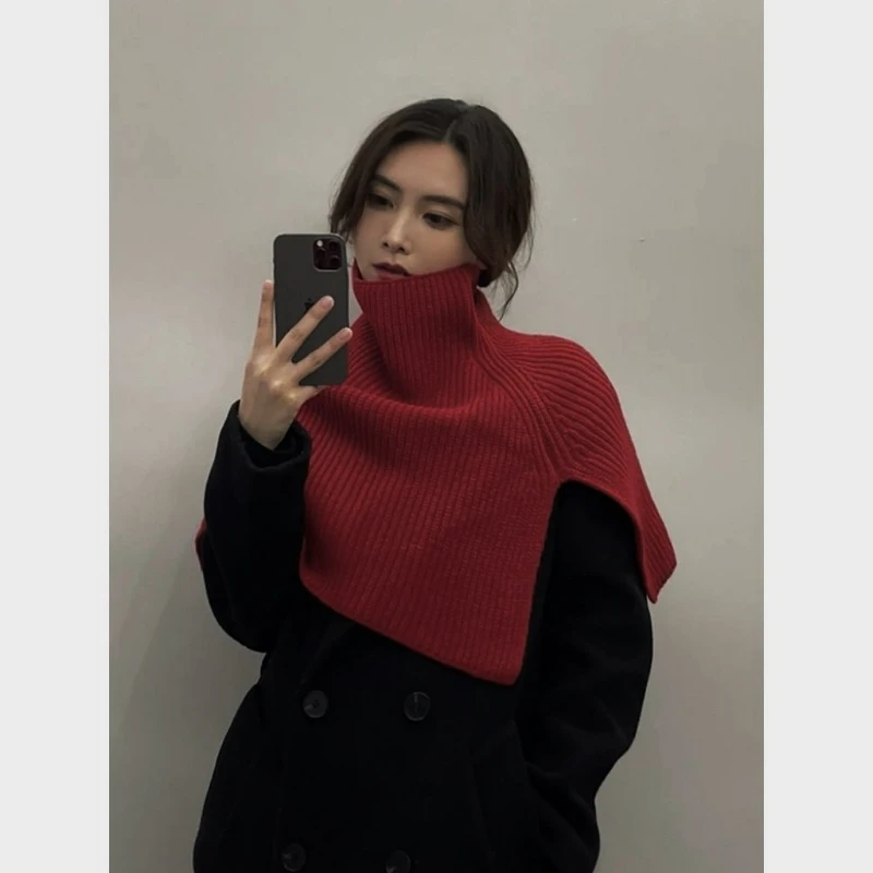 Protective Autumn Winter Korean Style High Neck Shawl Scarf, Split Knit Cape Warm Stylish Soft Skin-Friendly Outerwear