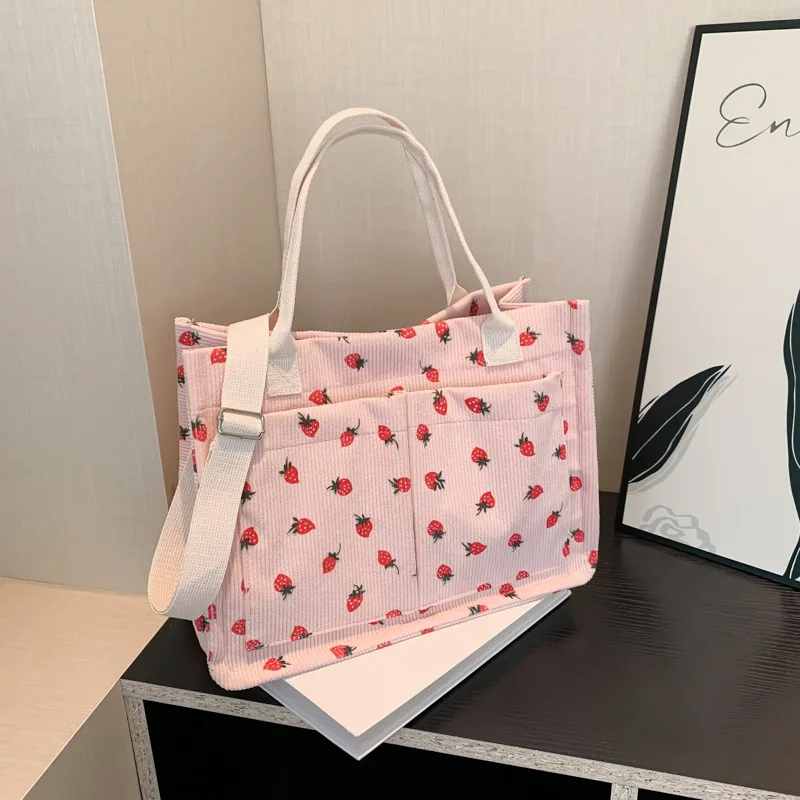 Cute Strawberry Pattern Women Tote Bag Vintage Corduroy Handbags Large Capacity Shoulder Crossbody Bag College Shopper Purses